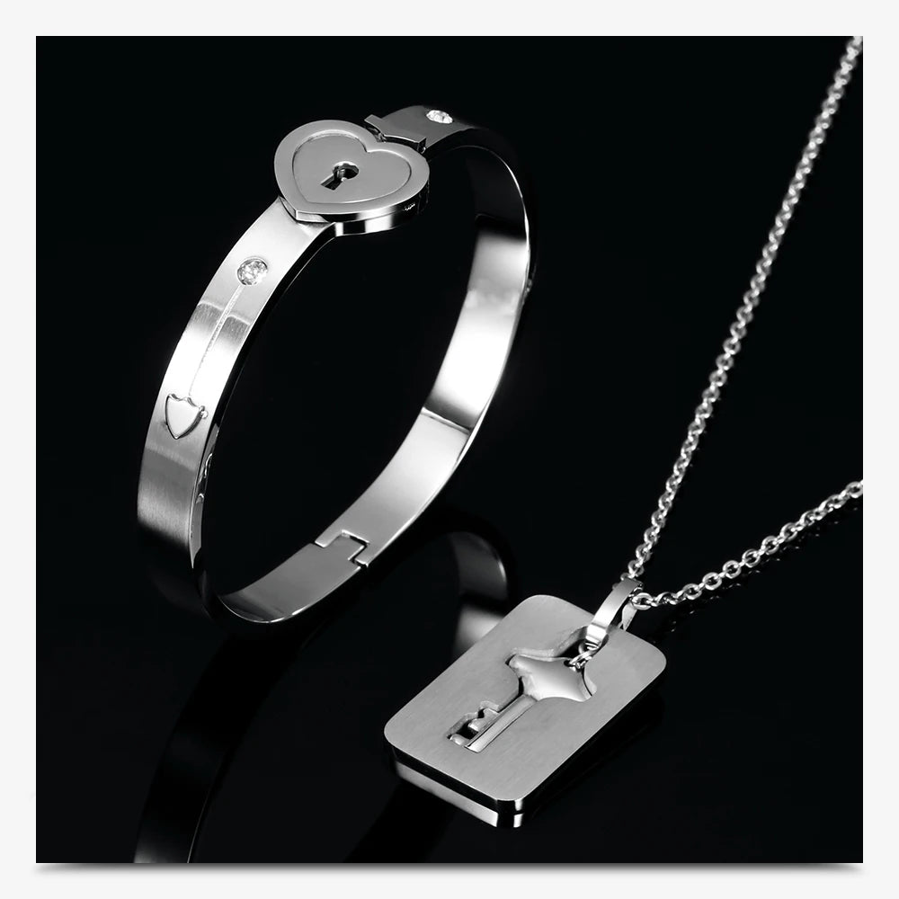 Love Lock Bracelet & Key Necklace for Couples