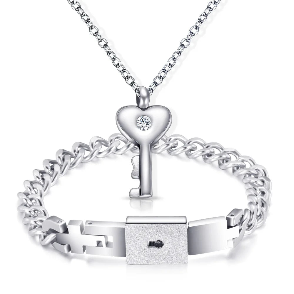 Love Lock Bracelet & Key Necklace for Couples