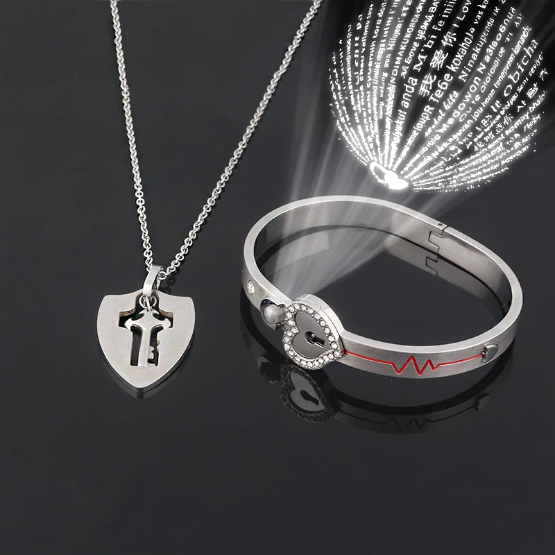 Love Lock Bracelet & Key Necklace for Couples