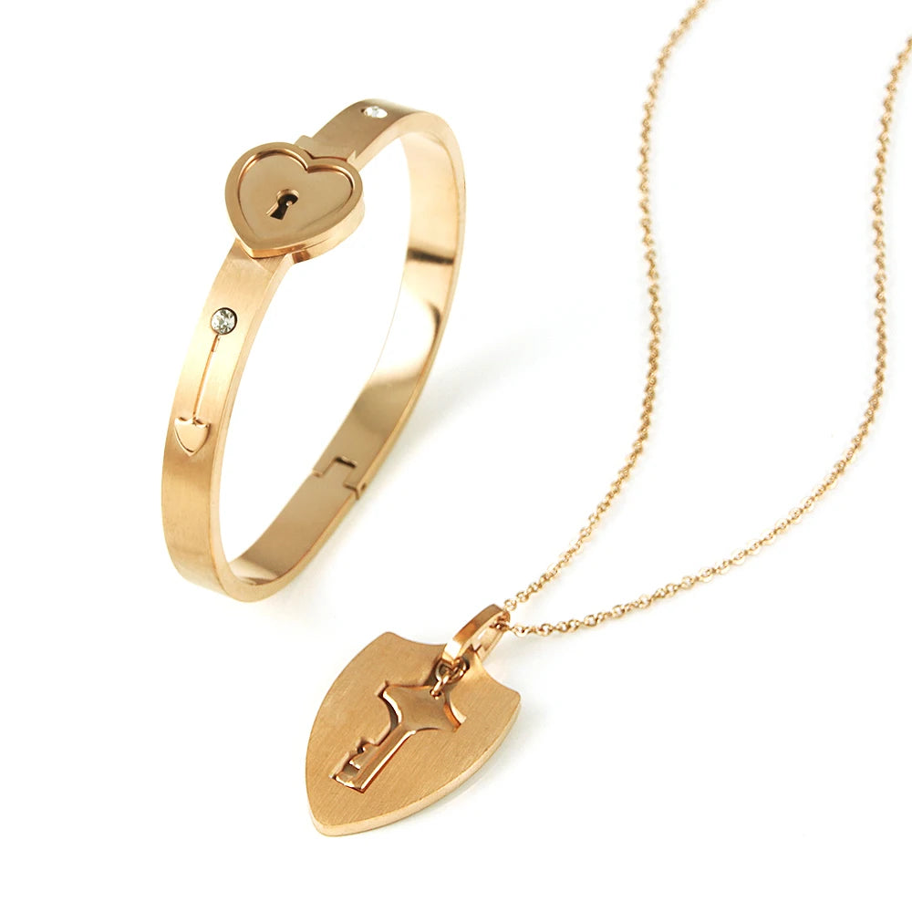 Love Lock Bracelet & Key Necklace for Couples