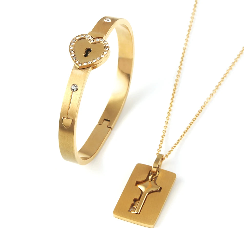 Love Lock Bracelet & Key Necklace for Couples
