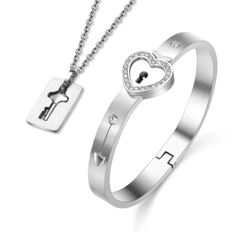 Love Lock Bracelet & Key Necklace for Couples