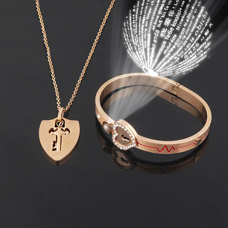 Love Lock Bracelet & Key Necklace for Couples