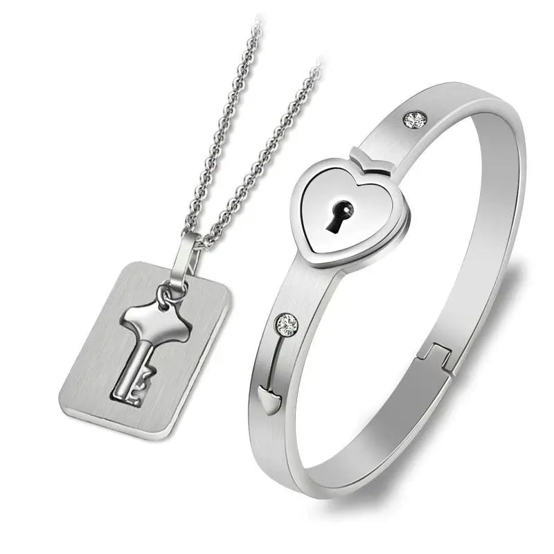 Love Lock Bracelet & Key Necklace for Couples