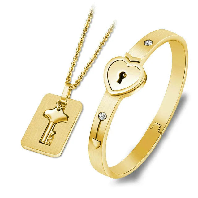 Love Lock Bracelet & Key Necklace for Couples
