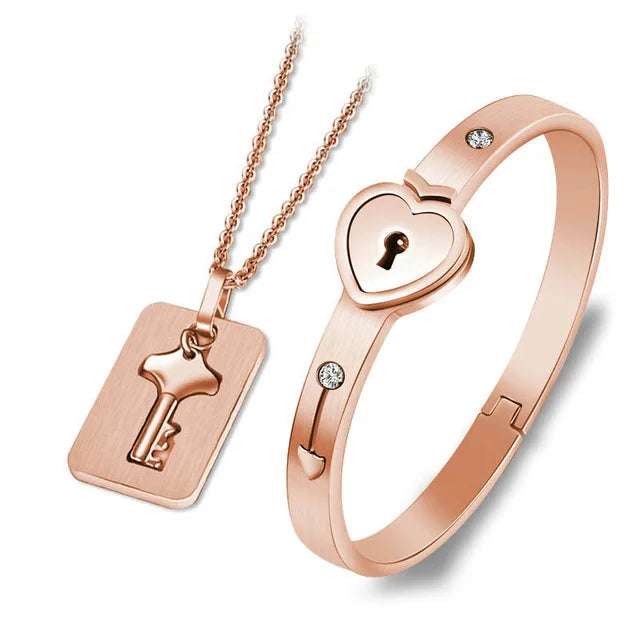 Love Lock Bracelet & Key Necklace for Couples