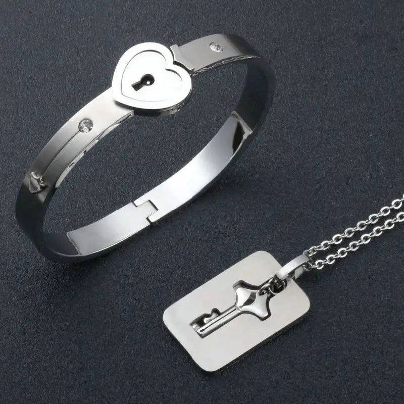 Love Lock Bracelet & Key Necklace for Couples