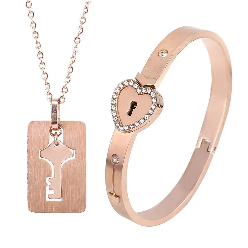 Love Lock Bracelet & Key Necklace for Couples