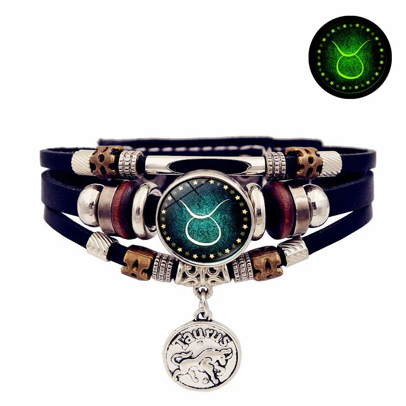 Starry Sky Zodiac Luminous Leather Bracelet Multi-layered Beaded Leather