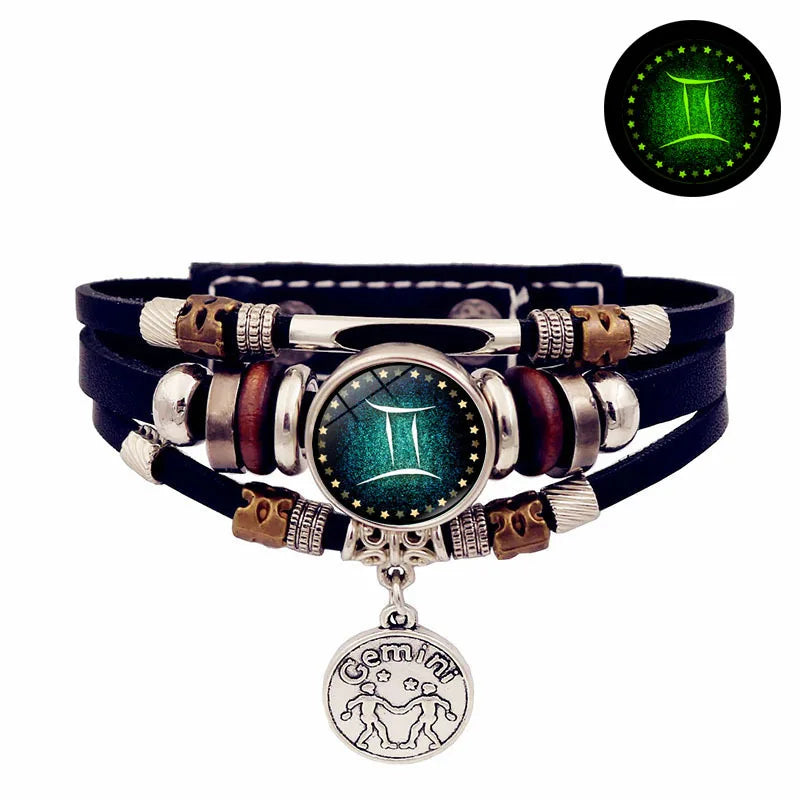 Starry Sky Zodiac Luminous Leather Bracelet Multi-layered Beaded Leather