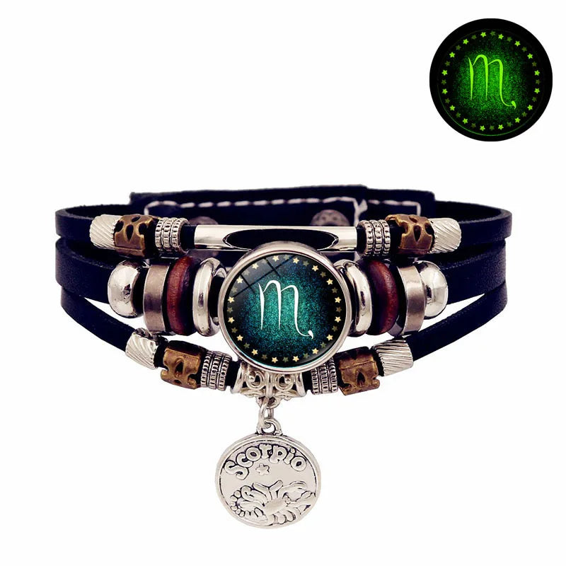 Starry Sky Zodiac Luminous Leather Bracelet Multi-layered Beaded Leather