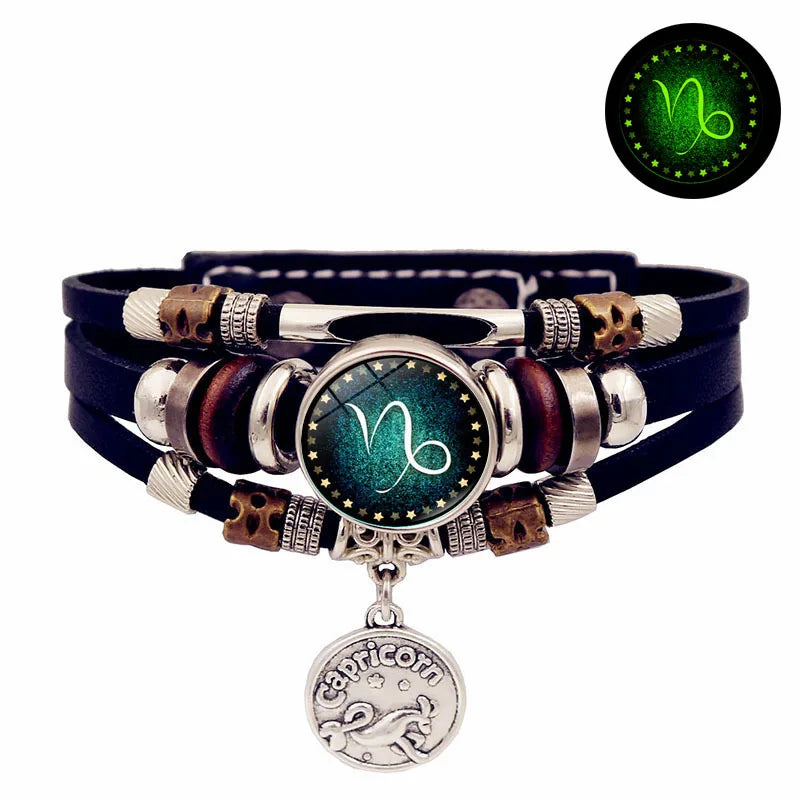 Starry Sky Zodiac Luminous Leather Bracelet Multi-layered Beaded Leather