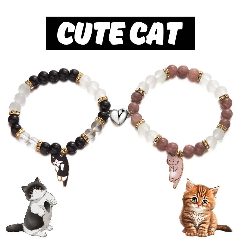 Heart Matching Cat Pendant for Lovers - 2PCS Magnetic Couple Bracelets