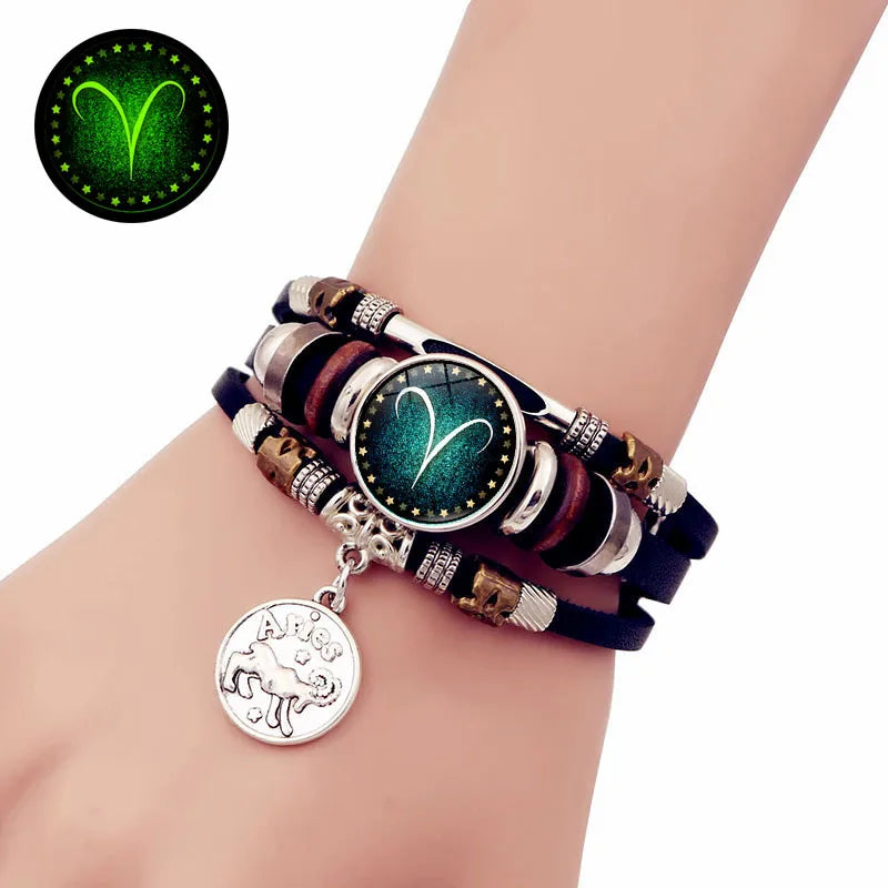 Starry Sky Zodiac Luminous Leather Bracelet Multi-layered Beaded Leather