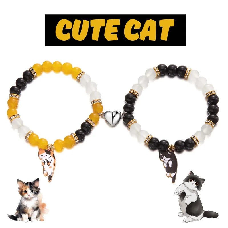 Heart Matching Cat Pendant for Lovers - 2PCS Magnetic Couple Bracelets
