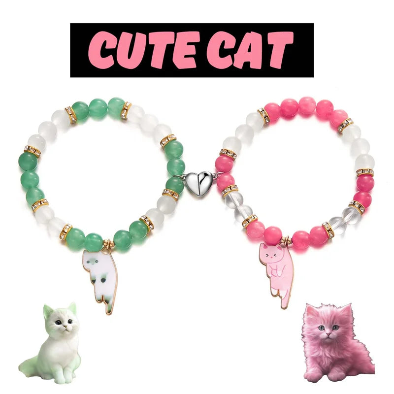 Heart Matching Cat Pendant for Lovers - 2PCS Magnetic Couple Bracelets
