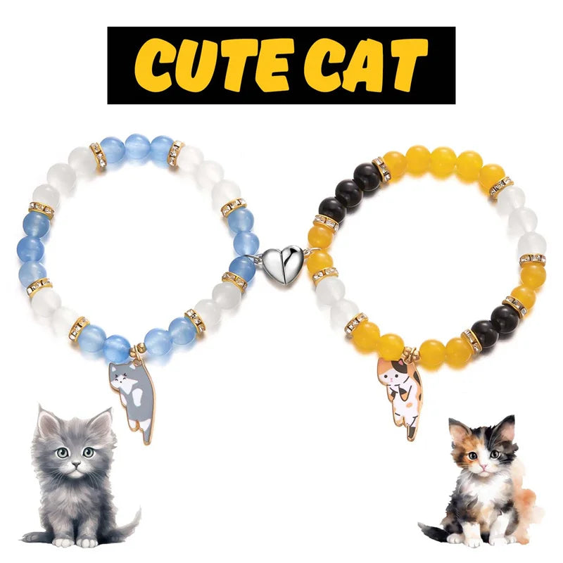 Heart Matching Cat Pendant for Lovers - 2PCS Magnetic Couple Bracelets