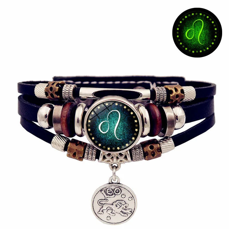 Starry Sky Zodiac Luminous Leather Bracelet Multi-layered Beaded Leather