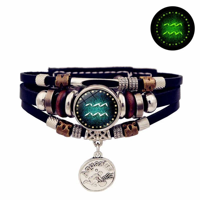 Starry Sky Zodiac Luminous Leather Bracelet Multi-layered Beaded Leather
