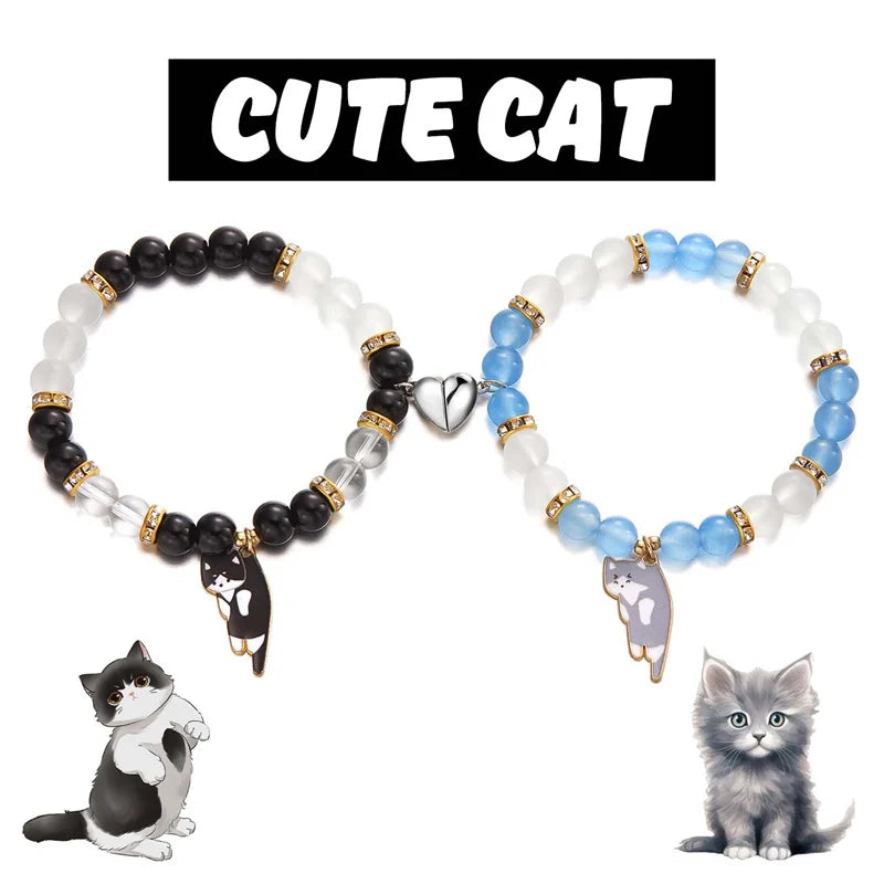 Heart Matching Cat Pendant for Lovers - 2PCS Magnetic Couple Bracelets