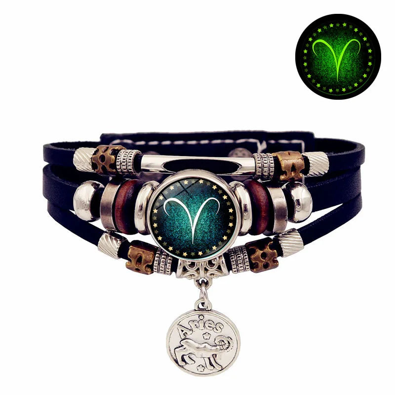 Starry Sky Zodiac Luminous Leather Bracelet Multi-layered Beaded Leather