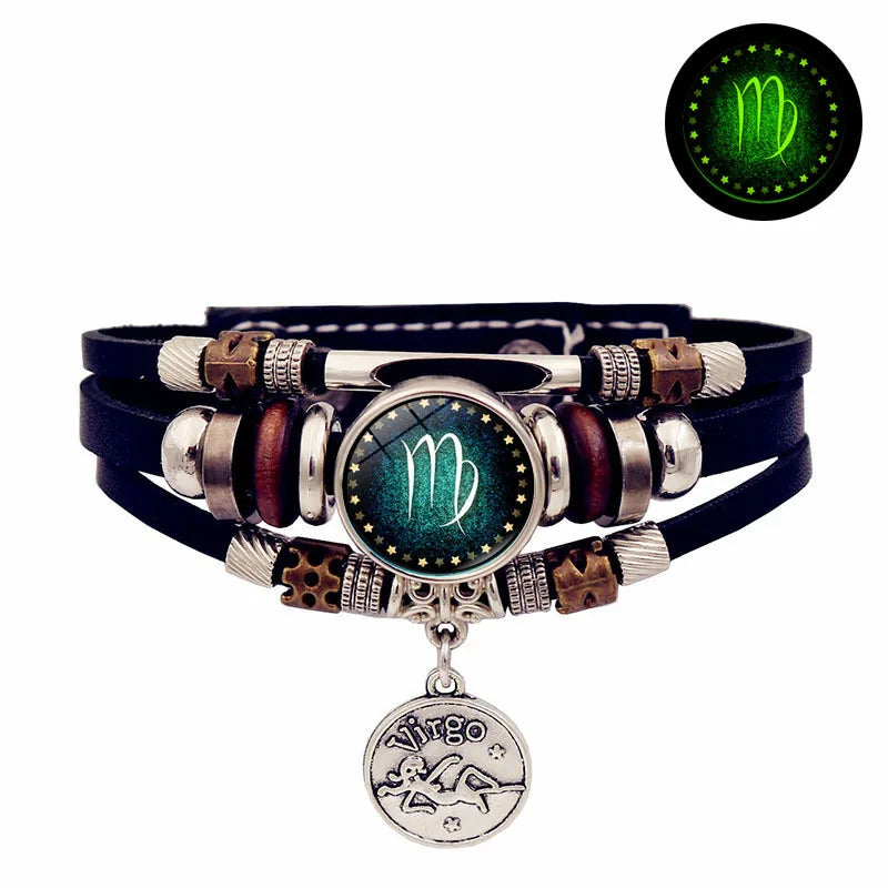 Starry Sky Zodiac Luminous Leather Bracelet Multi-layered Beaded Leather